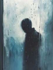 Aufkleber - A lone person stands by a rain-splattered window, immersed in introspection as raindrops trickle down the glass, creating a moody atmosphere. Generative AI