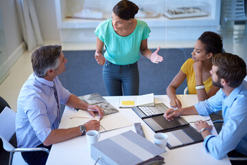 Poster - Business people, presentation and speaker for discussion, brainstorming and teamwork in office. Group, listening and communication in meeting, workshop and collaboration as colleagues with diversity