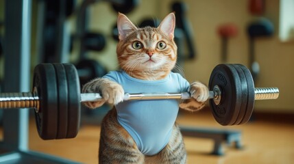 Wall Mural - A cat is lifting a dumbbell in a gym