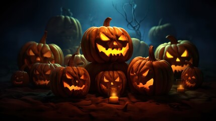 Wall Mural - Halloween Jack-o'-Lanterns Illuminated in a Dark Forest