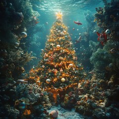 Poster - Underwater Christmas tree with coral reef and fish.