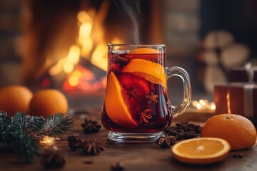 Sticker - Warm mulled wine with orange slices and spices in front of a fireplace.