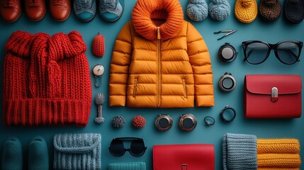 Flat lay of winter clothing and accessories on a blue background.