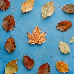 Autumn leaves on a blue background one leaf is different from the others - abstract vision be different unique personality or standing out from the crowd leadership quality.