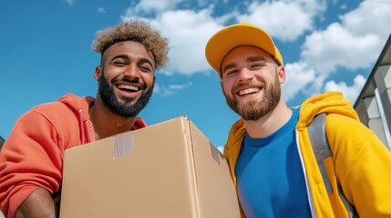 Canvas Print - Two men smiling while holding a cardboard box in front of them, AI