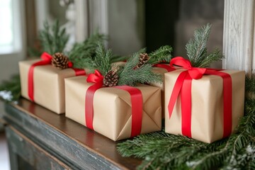 Canvas Print - Wrapped Christmas gifts with pine branches and red ribbon on mantel.