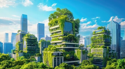 A cityscape of futuristic green buildings with vertical gardens, emphasizing sustainability and corporate responsibility.