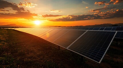 A field of solar panels is illuminated by the setting sun