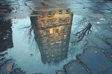 Poster - A puddle reflecting a tall building with windows and a tree in the foreground.