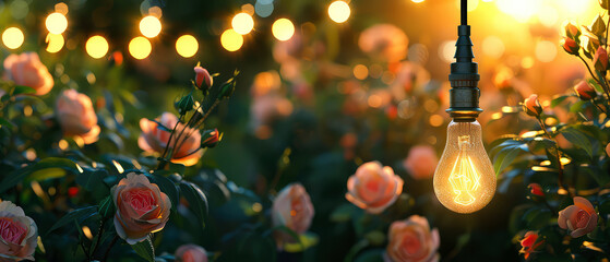 Wall Mural - Botanical background with pink blooming roses, glowing string garlands, lantern at the evening garden. Romantic ambience in backyard. Bokeh,lights, blurred backdrop. Generative ai	