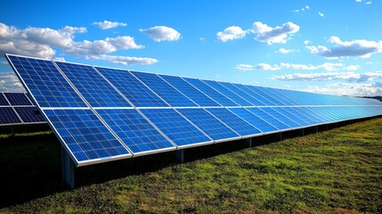 A row of solar panels are lined up in a field