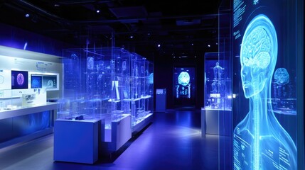 Poster - A cutting-edge science and medical technology display in mixed media, featuring futuristic labs, holographic interfaces, and advanced diagnostic tools.