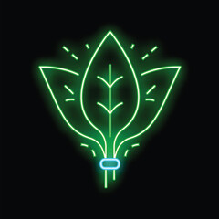 Poster - Neon green leaves are glowing on this black background, perfect for a sustainable and eco friendly business