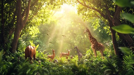 A group of animals, including a giraffe, are standing in a lush green forest