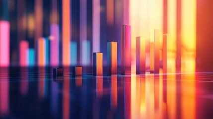 Poster - A 3D bar graph with ascending bars placed on a reflective surface, depicting positive market trends and financial success in a visually impactful manner