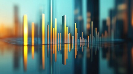 Poster - A 3D bar graph with ascending bars placed on a reflective surface, depicting positive market trends and financial success in a visually impactful manner