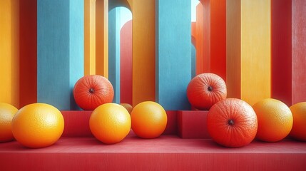 Poster - A still life of oranges on a red platform with colorful, abstract columns in the background.