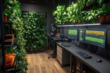 a modern office space with a green wall, plants, and a desk with two monitors.