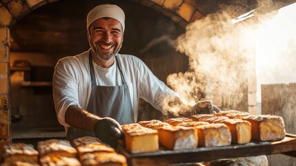 A baker pulling golden-brown square loaves out of a brick oven, with steam rising and a satisfied smile, highlighting the rewarding process of baking bread.