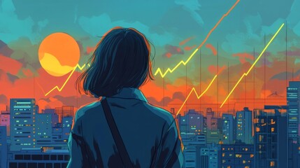 A woman is looking at the city skyline at sunset