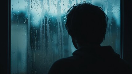 Aufkleber - A lone figure stands by a window, lost in thought, watching raindrops trickle down the glass, enveloped in a mood of solitude and reflection. Generative AI