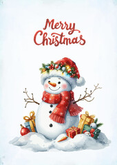 Wall Mural - Watercolor snowman with christmas giftbox vector illustration.