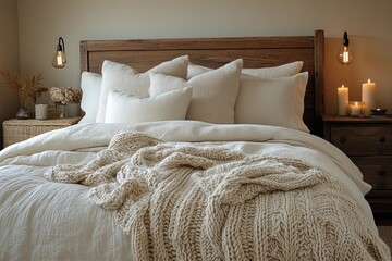 Canvas Print - A cozy bedroom with a white duvet and throw blanket, wooden headboard, and nightstands with candles and a vase of dried flowers.