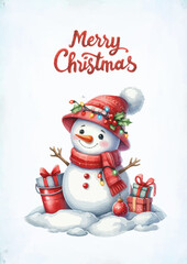 Wall Mural - Watercolor snowman with christmas giftbox vector illustration.