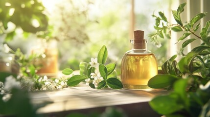 Poster - Glass Bottle of Essential Oil with Blooming White Flowers and Green Leaves