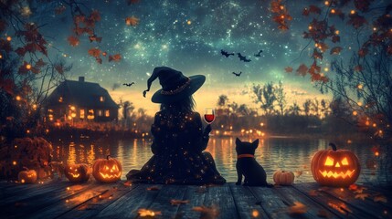 Wall Mural - A woman in a witch hat is sitting by a body of water with a cat by her side