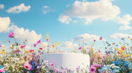 A white pedestal is surrounded by a field of colorful flowers