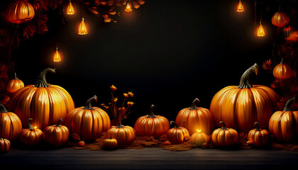 Halloween background, pumpkins for halloween with scary faces glowing on black night, scary pumpkins