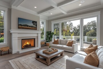 Sticker - A modern living room with a fireplace, large windows, and a comfortable sofa.