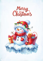Wall Mural - Watercolor snowman with christmas giftbox vector illustration.