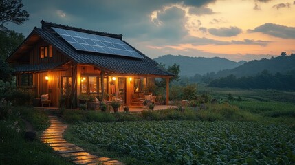 Sticker - A cozy wooden cabin with solar panels on the roof, nestled amongst rolling hills and a field of crops, illuminated by the warm glow of sunset.