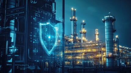 Poster - A massive industrial facility with a digital shield overlay, representing the protection of critical infrastructure and energy security.