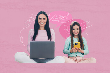 Canvas Print - Composite creative art collage of two happy mom daughter type laptop phone elearn gadgets technology isolated on painted background