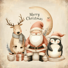 Wall Mural - Watercolor grunge composition of Santa Claus, reindeer and penguin with gifts.