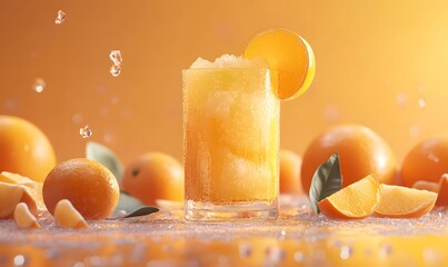 Wall Mural - a glass of orange juice sits on a table with a bunch of oranges, Generative AI