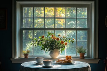 Poster - A cozy table setting with two cups of coffee, a plate of pastries, and a bouquet of flowers, all illuminated by sunlight streaming through a window.