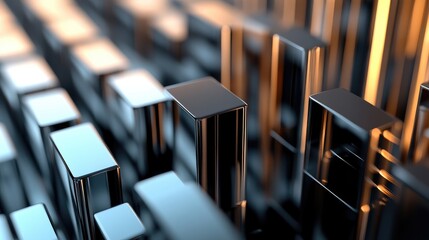 Poster - A close-up of a 3D bar chart displaying financial data with metallic bars, showcasing different metrics and their comparative heights for visual impact.