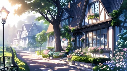 Wall Mural - Artistic illustration of a quaint village with charming houses and greenery.