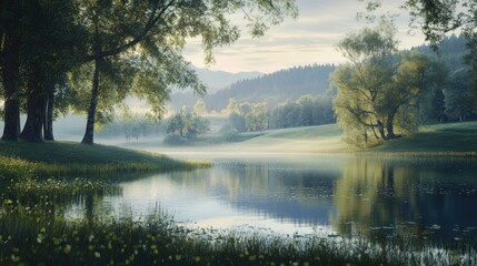 Canvas Print - Tranquil Lake Surrounded by Foggy Forest at Dawn