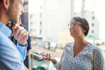 Aufkleber - Business people, discussion and office balcony with public relations staff and planning. City, working and talking professional with collaboration and teamwork with press release idea and chat