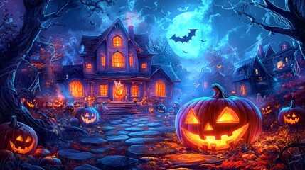 Wall Mural - A Halloween scene with a house, a pumpkin, and a bat flying in the sky