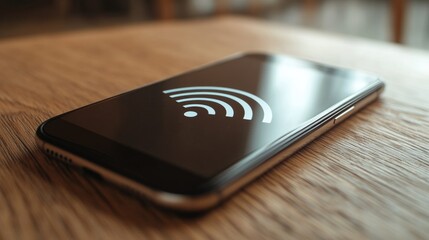 Poster - A close-up of a smartphone displaying strong Wi-Fi signal bars while sitting on a wooden table, illustrating the importance of internet connectivity in everyday life.