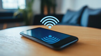 Poster - A close-up of a smartphone displaying strong Wi-Fi signal bars while sitting on a wooden table, illustrating the importance of internet connectivity in everyday life.