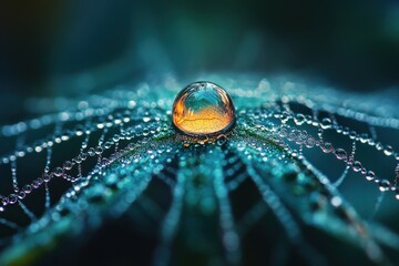 Wall Mural - A single dewdrop sits on a spiderweb, reflecting the golden light of the setting sun.