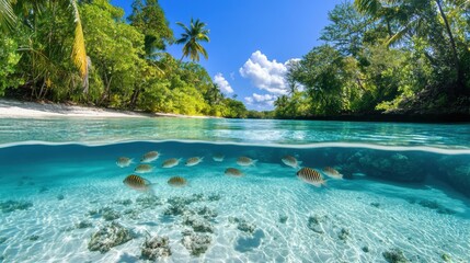 Wall Mural - Tropical Paradise with Underwater Fish and Lush Greenery