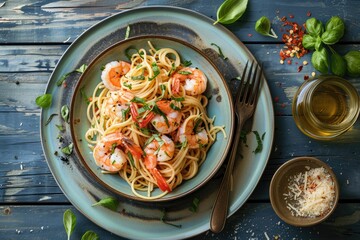 Delicious Shrimp and Tomato Pasta with Fresh Herbs on Rustic Table